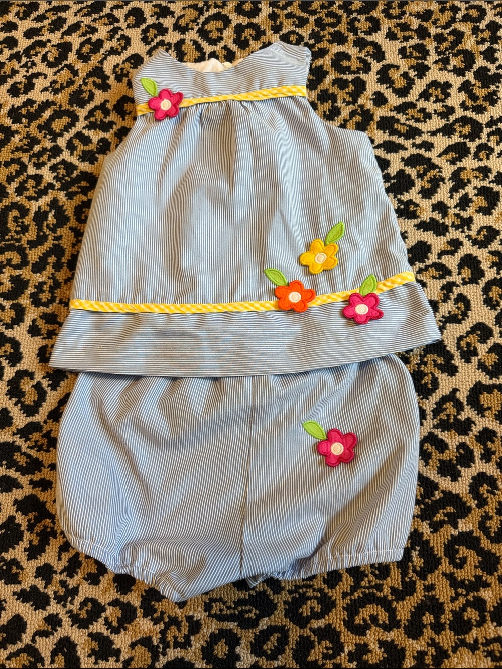 Florence Eiseman,Blue Striped Baby Two-Piece Set with Floral Appliqués, 18Month